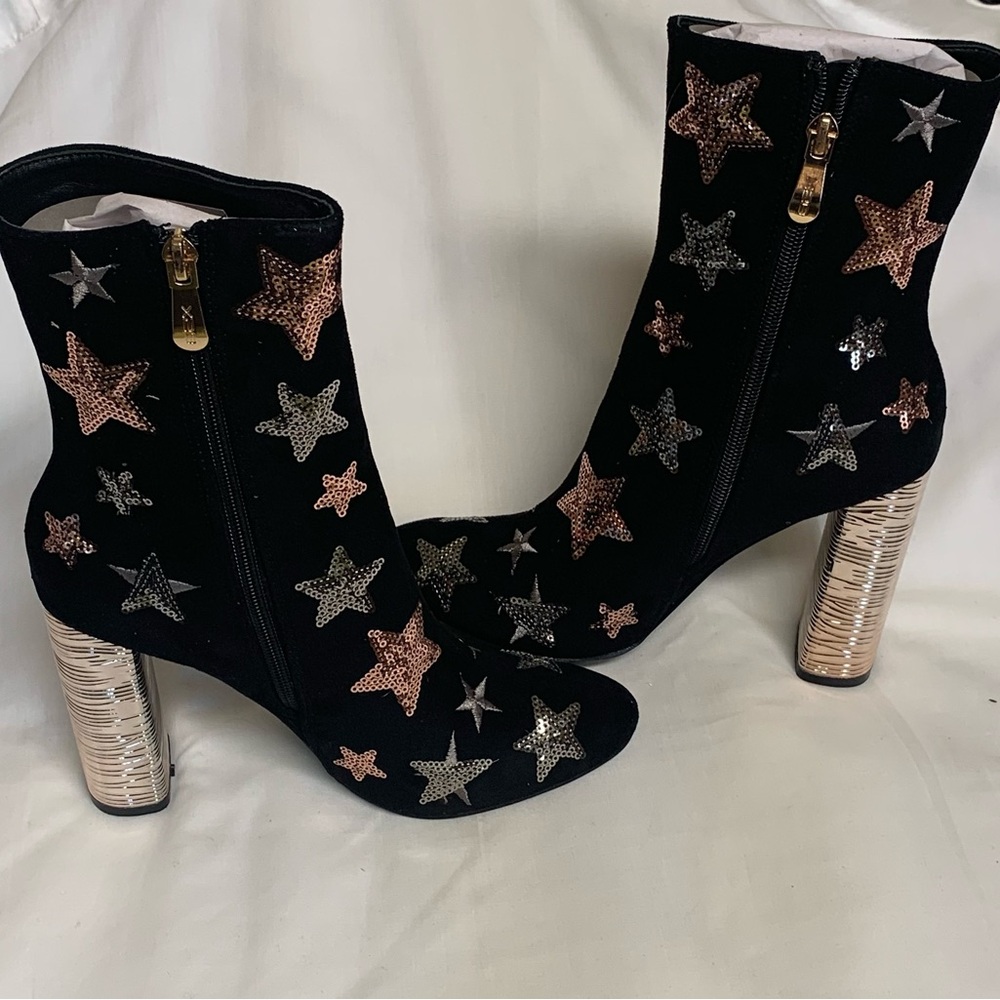 BNIB X2B Silver & Gold Sequin Star Patterned Black Velvet Ankle Boots Sz 6